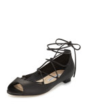 Aneska Leather Lace-Up Open-Toe Flat, Black