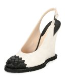 Intrecciato-Toe Slingback Wedge Pump, White/Black