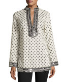 Fish-Print Sequined-Trim Tunic, Ivory