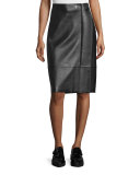 Paneled Lambskin Pencil Skirt w/ Side Pleat, Black/Gravel