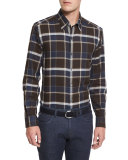 Large-Plaid Long-Sleeve Sport Shirt, Brown Pattern