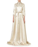 Metallic 3/4-Sleeve Trench Gown, Gold