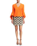 Chain-Print Faille Miniskirt, Black