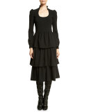 Long-Sleeve Tiered-Skirt Dress, Black