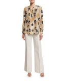 Libby Split-Neck Printed Blouse, Chai/Multi