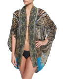 Open Front Printed Silk Cardigan/Cape Coverup, Rapturous