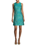 Floral Dome-Button Shift Dress, Teal