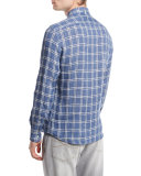 Macro-Check Leisure-Fit Linen Sport Shirt, Blue