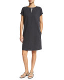 Rolled-Sleeve Jewel-Neck Shift Dress, Volcano