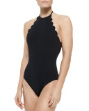 Mott Halter One-Piece Swimsuit W/ Scalloped Edges, Black