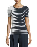 Alternating-Stripe Short-Sleeve Sweater, Navy/Multi