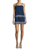 Sleeveless Frayed-Hem Sheath Dress, Mid Blue
