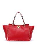 Medium Beaded-Handle Rockstud Tote Bag, Red
