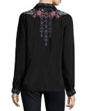 Yoshi Embroidered Button-Front Blouse, Black