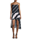 Sleeveless High-Low Striped Dress, Navy/Pink