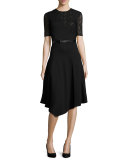 Short-Sleeve Drape-Front Dress, Black