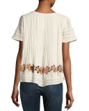 Carley Embroidered Short-Sleeve Peasant Top, Cream