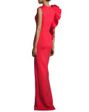 Sleeveless Ruffle-Trim Crepe Column Gown