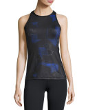 Printed-Front Racerback Sport Tank, Blue Suro Print/Black