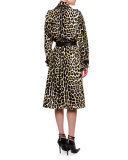 Belted Leopard-Print Fur Trenchcoat, Black
