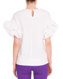 Ruffle-Sleeve Round-Neck Top, White