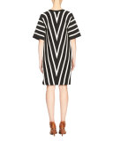 Chevron V-Neck Short-Sleeve Knit Dress, Black/White