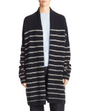 Plush Striped Long Cardigan, Blue/White