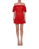 Lace Off-the-Shoulder Mini Dress, Metallic Red