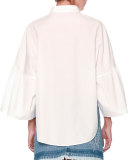 Full-Sleeve Cutaway-Hem Poplin Blouse, White