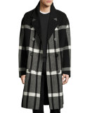 Double-Breasted Large Check Overcoat, Black