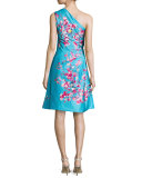 Cherry Blossom One-Shoulder Cocktail Dress, Aquamarine/Multi