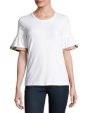 Crewneck Tee w/ Gathered Check-Trim Sleeves, White