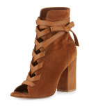 Brooklyn Suede Peep-Toe Bootie, Cognac