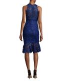 Sleeveless High-Neck Lace Flounce Dress, Navy