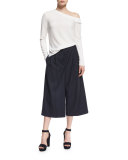 Long-Sleeve Crepe One-Shoulder Top, Ivory