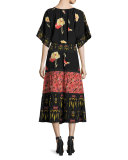 Mixed-Print Tiered Peasant Skirt, Salmon/Black