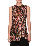 Haze-Print Gathered Sleeveless Blouse, Pink/Multi