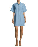 Chambray 1/2-Sleeve Shirtdress, Light Blue