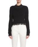 Fuzzy Tassel-Trim Mock-Neck Sweater, Black