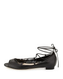 Aneska Leather Lace-Up Open-Toe Flat, Black