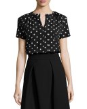 Polka-Dot Short-Sleeve Blouse, Black/White