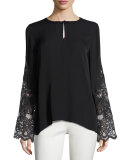 Weslee Long-Sleeve Embroidered Silk Blouse, Black