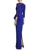3/4-Sleeve Lace-Trim Stretch Jersey Peplum Gown, Cobalt