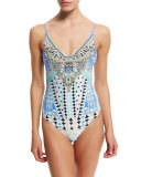 Printed One-Piece Swimsuit with Crystal Embellishment