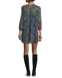 Dulce Floral-Print Silk Dress, Deep Marine
