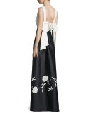 V-Neck Colorblock Gown W/Floral Appliqué, Jet