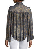 Lindsey Metallic Floral-Print Georgette Blouse, Grayish Blue