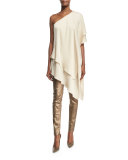 Leora Tiered One-Shoulder Top, Beige
