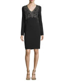 Floral-Embellished Sheath Dress, Black