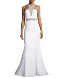 Sleeveless Illusion-Bodice Mermaid Gown, Ivory